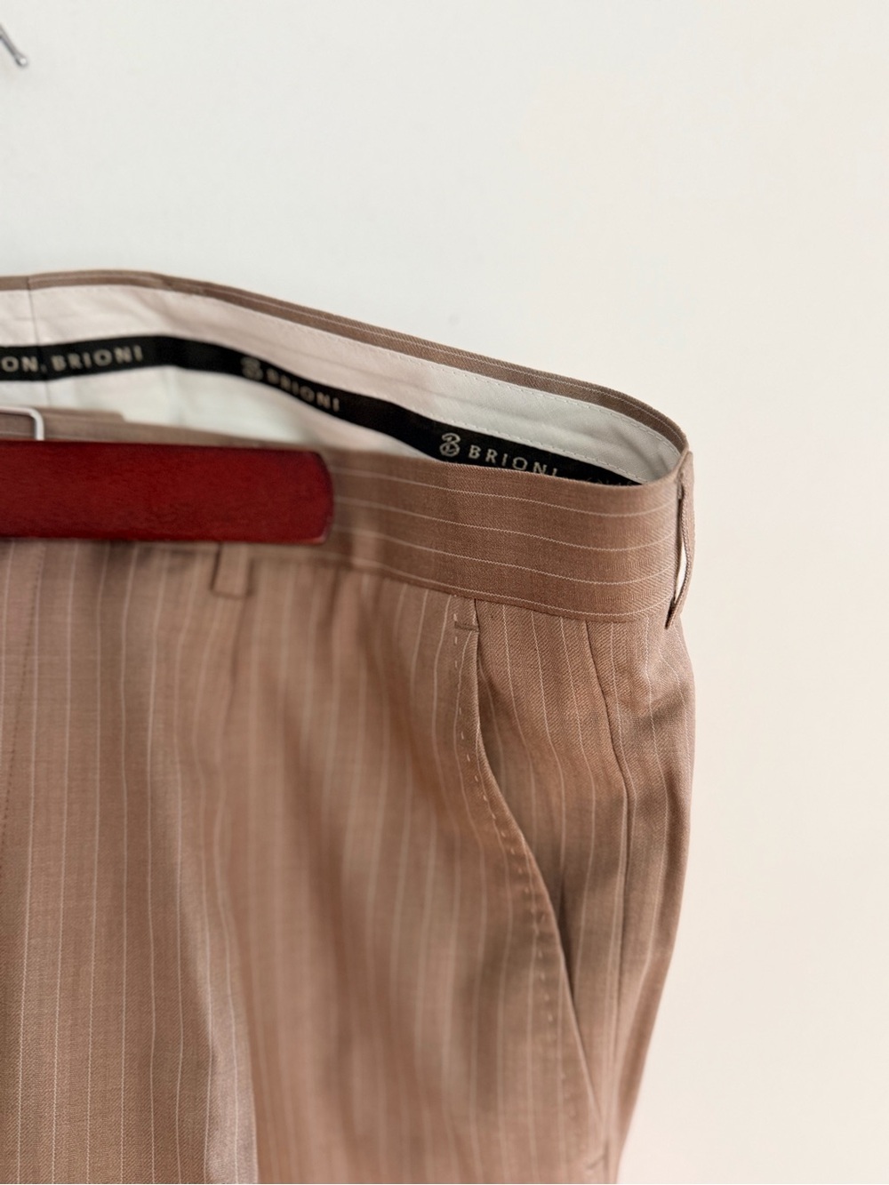 NWOT Brioni Men's Tan Pinstripe Flat-Front Dress Pants.
